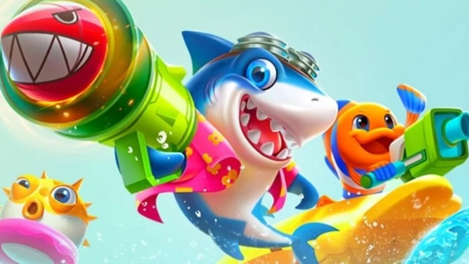 Tampilan arcade tembak ikan dengan target laut dan efek visual